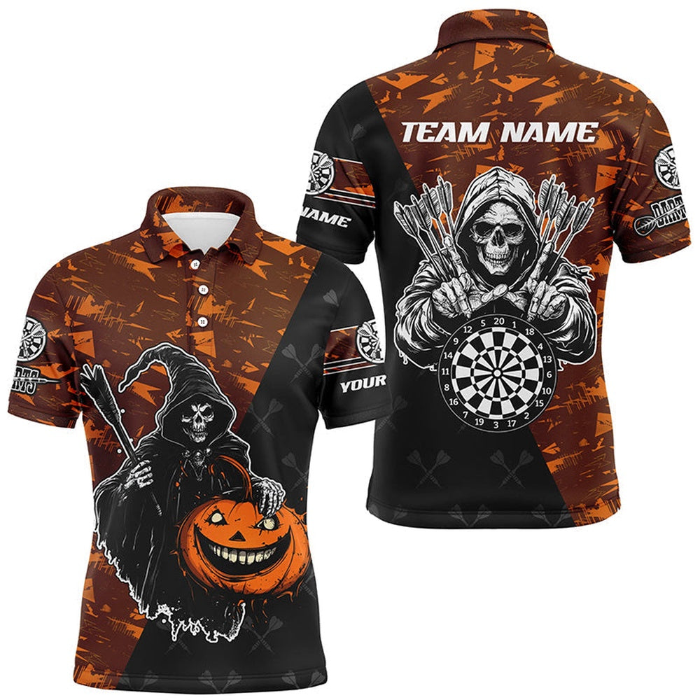Personalized Orange Abstract Death Skeleton Halloween Darts Shirts For Men, Scary Darts Polo, Darts Team Polo Shirt
