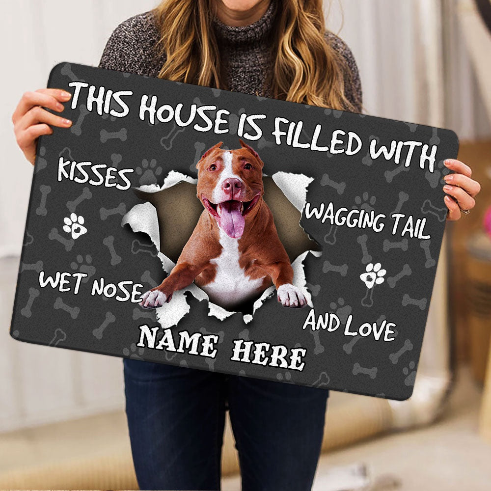 Personalized Pitbull Welcome Doormat, Pitbull dog pet lover pawprint grey Welcome Doormat, Custom Name Pets Home Decor Door Mat