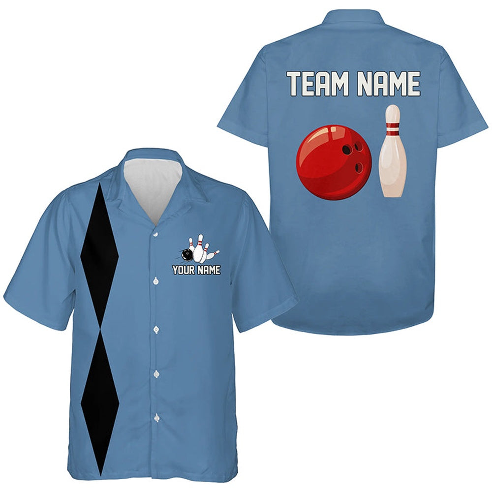 Personalized Retro Bowling Hawaiian Shirts, Custom Vintage Team Button Up Shirts Blue, Bowling Team Hawaiian