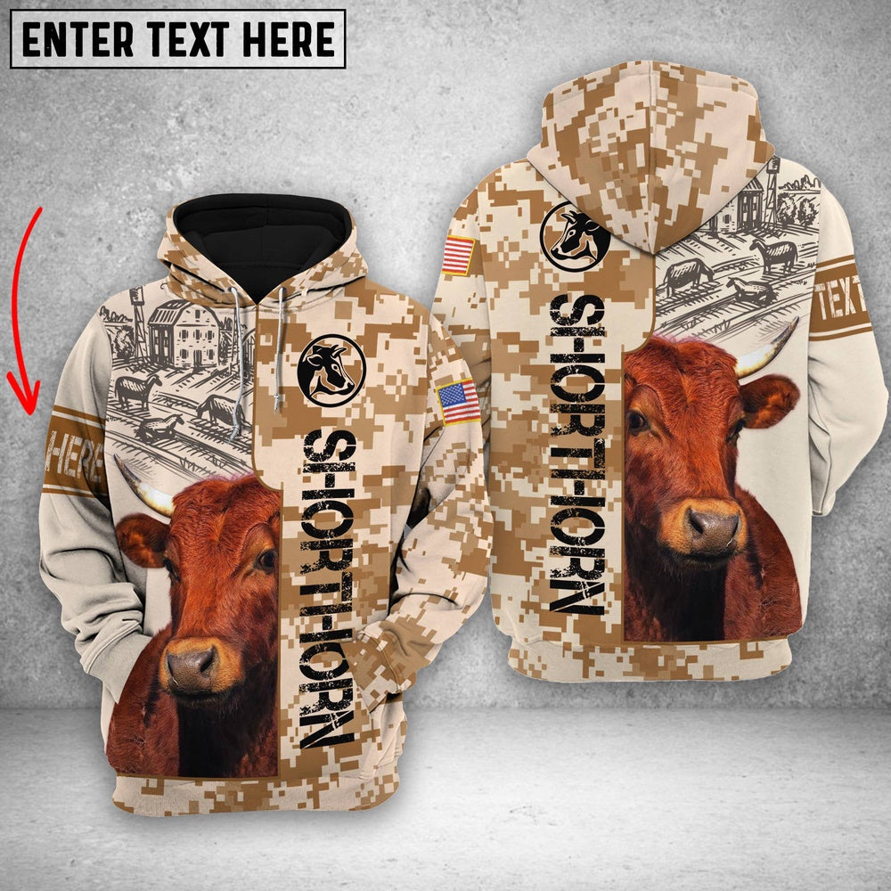 Personalized Shorthorn Brown Camo All Printed 3D Shirt, Farmer Hoodie, Custom Farm Shirts, Farmer T Shirt