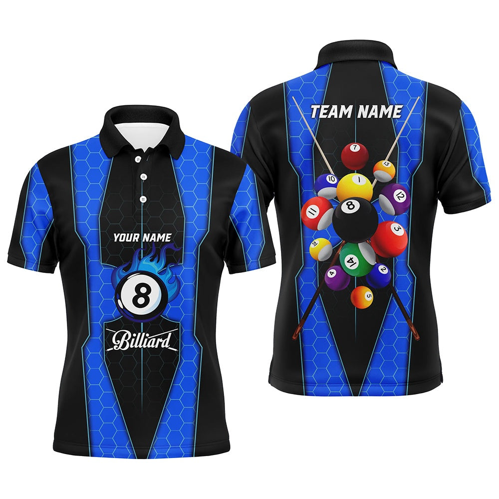 Personalized Style Blue Fire 8 Ball Billiard 3D Polo Shirts, Custom Pool Balls Team Polo, Billiard Team Polo Shirts