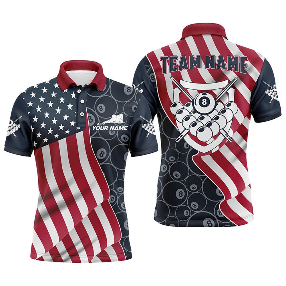 Personalized US Flag 8 Ball Pattern Billiard 3D Polo Shirts, Custom Pool Player Polo, Billiard Team Polo Shirts