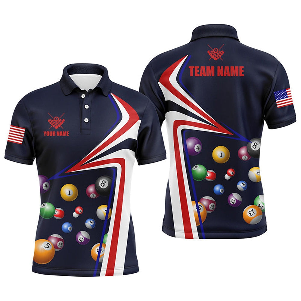 Personalized US Flag Billiard Balls Polo Shirts, Custom 8 Ball Pool Polo, Billiard Team Polo Shirts