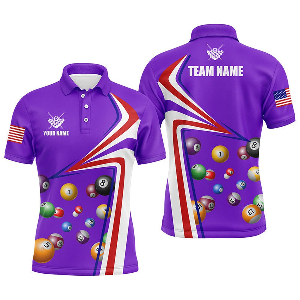 Personalized US Flag Billiard Balls Purple 3D Polo Shirts, Custom 8 Ball Pool Polo, Billiard Team Polo Shirts