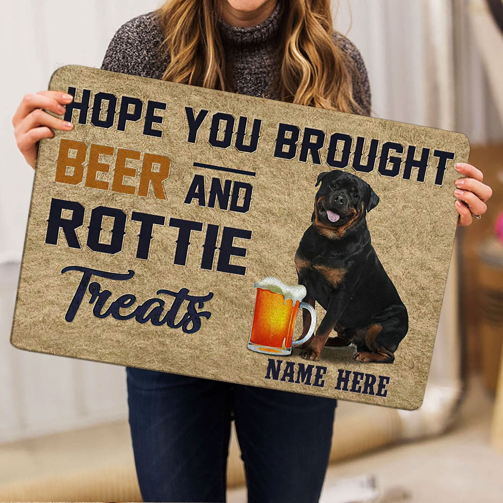 Personalized Welcome Doormat, Brought Beer And Rottie Rottweiler Treat Welcome Doormat, Custom Name Pets Home Decor Door Mat