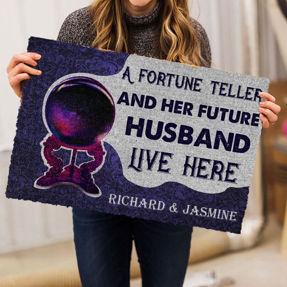 Personalized Welcome Doormat, Couple Witch A Fortune Teller Live Here Welcome Doormat, Custom Name Pets Home Decor Door Mat