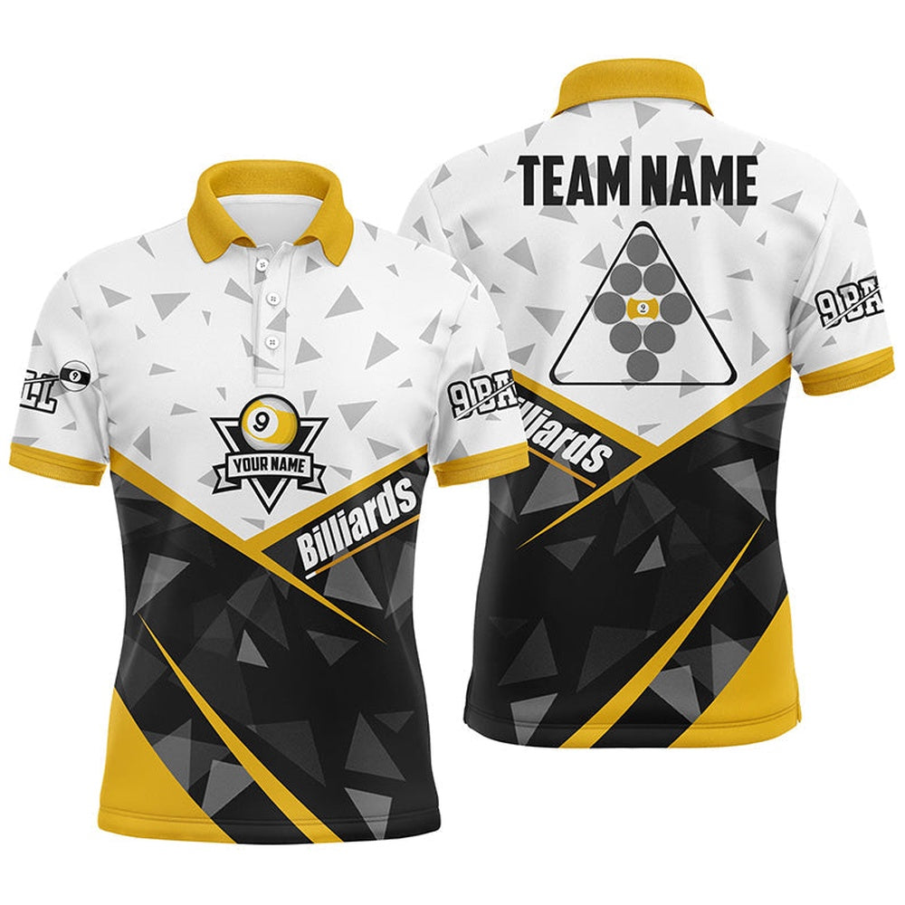 Personalized White Yellow 9 Ball Pool Polo Shirts, Custom Billiard Balls 9 Ball Team Shirts, Billiard Team Polo Shirts