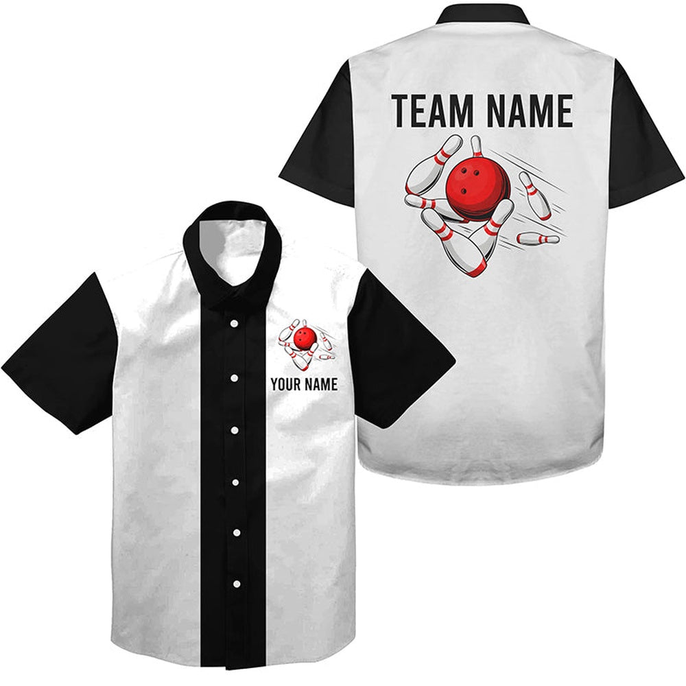 Personalized Whiteand Black Retro Bowling Hawaiian Shirts, Custom Vintage Team Button Up Shirts, Bowling Team Hawaiian