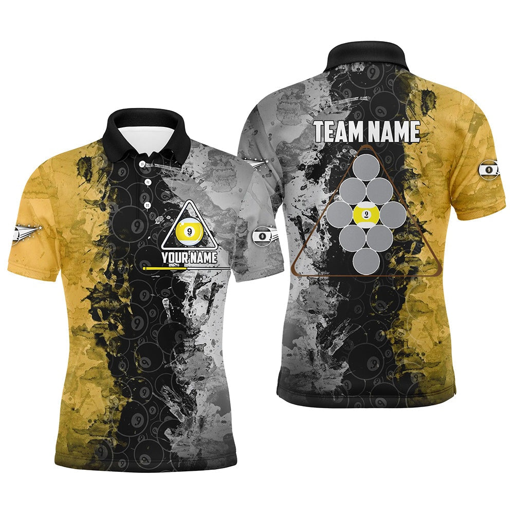 Personalized Yellow Black 9 Ball Pool Polo Shirts, Custom Name Billiard 9 Ball Team Shirts, Billiard Team Polo Shirts