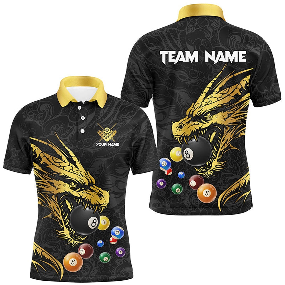 Personalized Yellow Black Dragon Billiard Balls Pool Shirts, Billiard League Team Polo, Billiard Team Polo Shirts