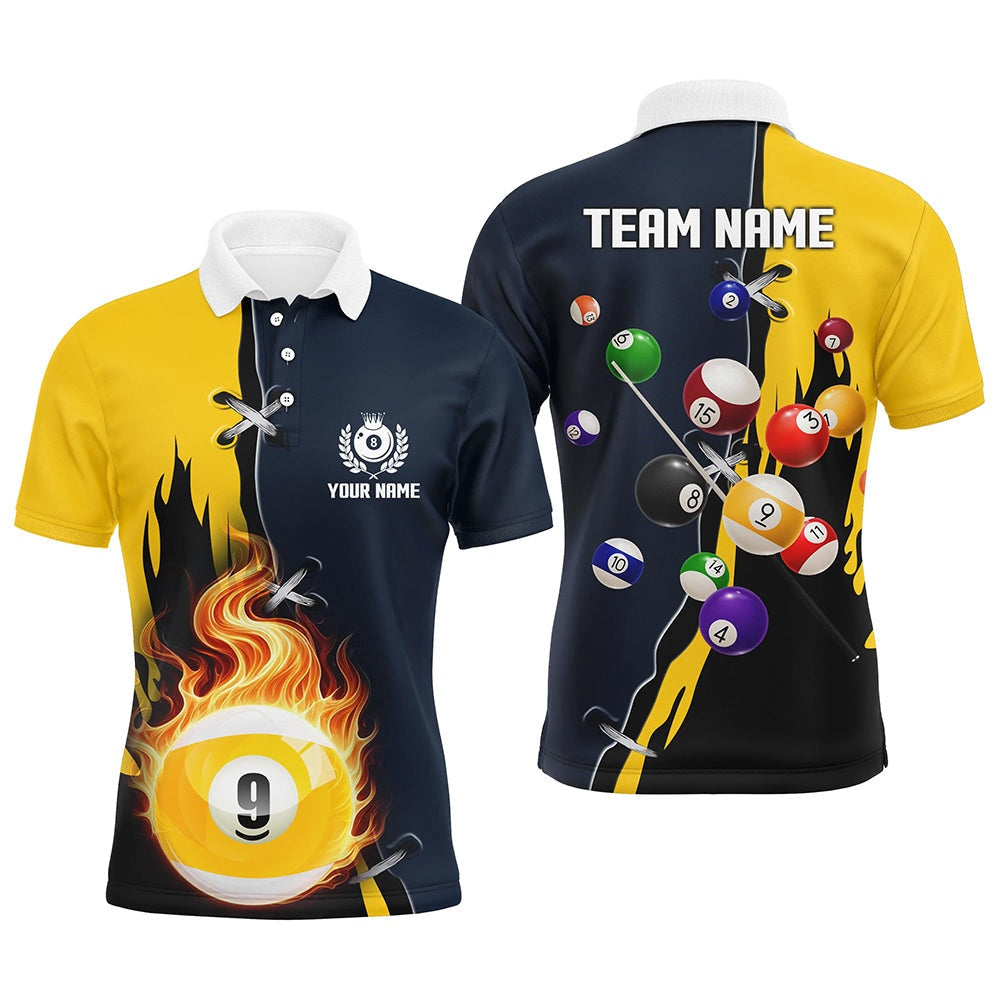 Personalized Yellow Navy 9 Ball Pool Polo Polo Shirts Custom Unique Billiard Balls Shirts, Billiard Team Polo Shirts