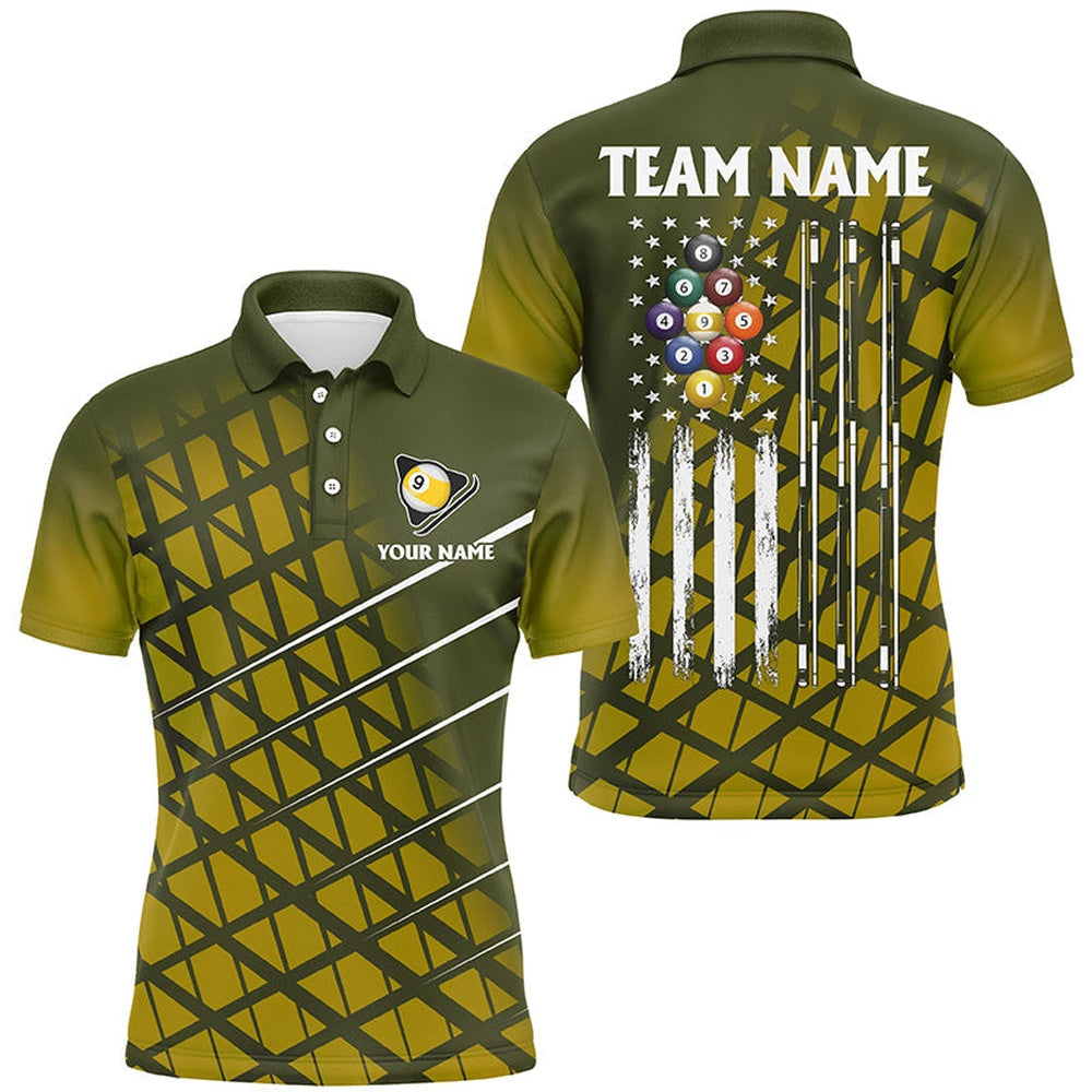 Personalized Yellow Retro American Flag Billiard Shirts Custom 9 Ball Pool Billiard Polo, Billiard Team Polo Shirts