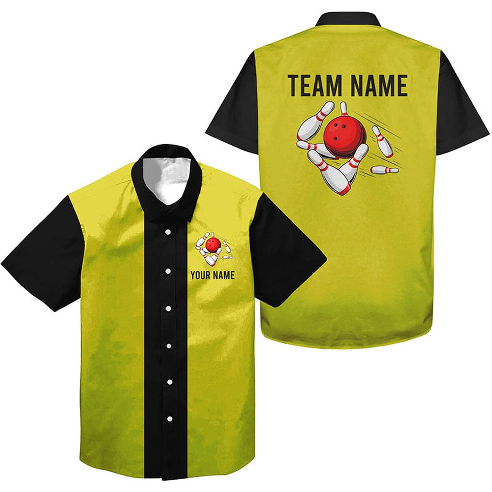 Personalized Yellowblack Retro Bowling Hawaiian Shirts, Custom Vintage Team Button Up Shirts, Bowling Team Hawaiian