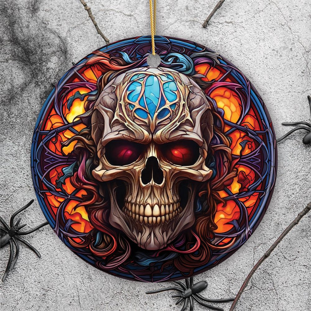 Phantom's Grin Sinister Skull Stained Glass Style Ceramic Ornament, Halloween Themed Christmas, Christmas Ornament