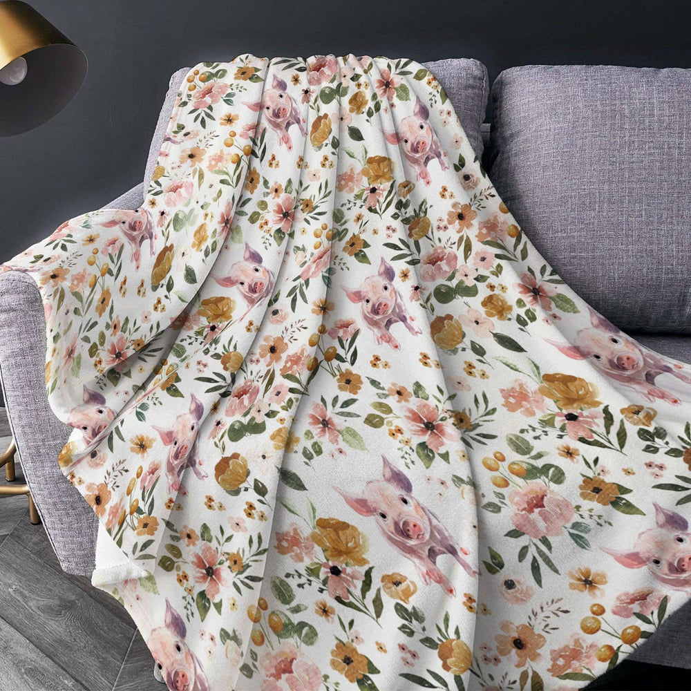 Pig Floral Pattern Blanket, Farm Blanket, Farm Animal Blanket