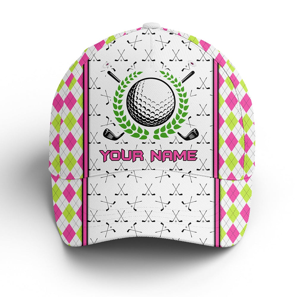 Pink And Green Argyle Pattern Golf Clubs Golfer Hat Custom Name Sun Hats For Men, Womens, Golf Hats, Golf Baseball Cap