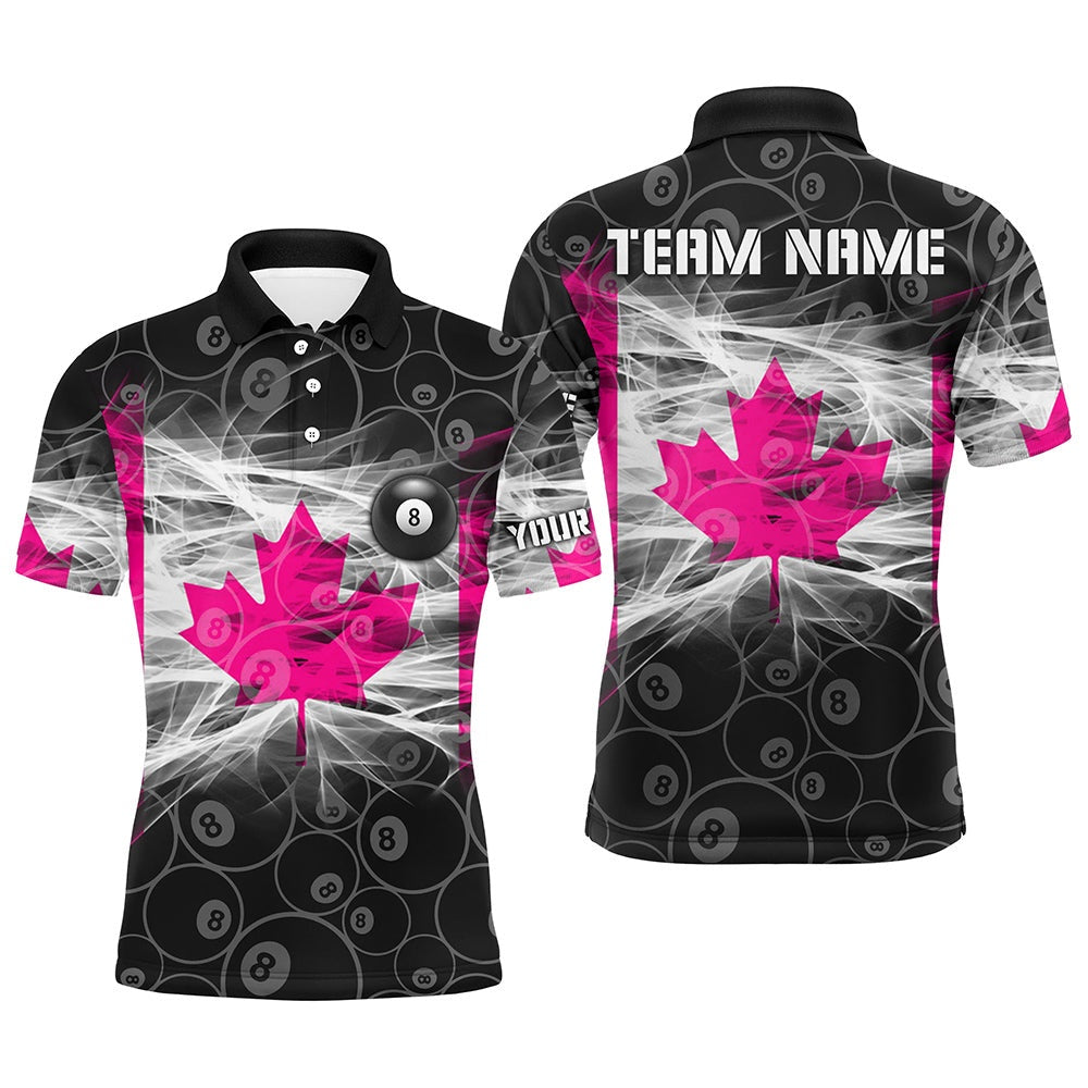 Pink Canadian Flag Smoke Custom 8 Ball Billiard Shirt, Breast Cancer Canada Billiard Polo, Billiard Team Polo Shirts