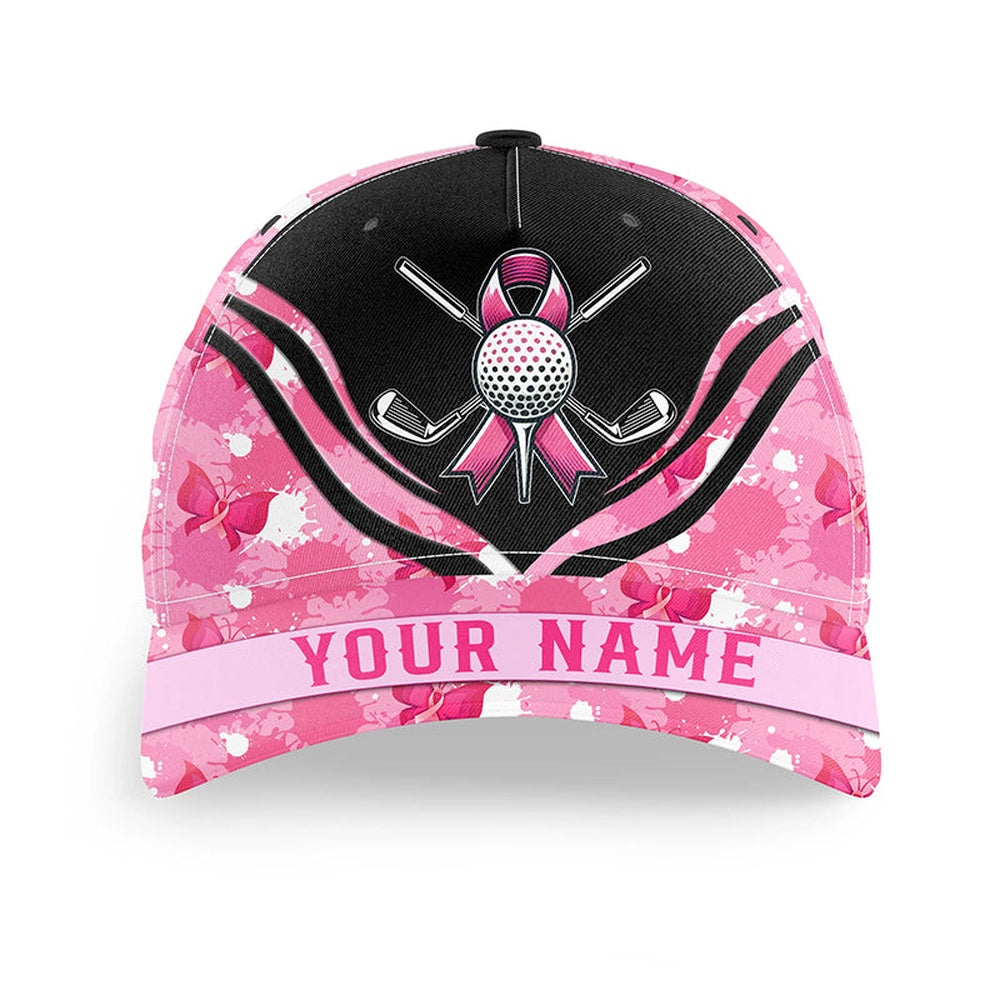 Pink Ribbon Golf Ball Clubs Golfer Hat Custom Breast Cancer Awareness Golf Hats, Gifts For Golfers, Golf Baseball Cap