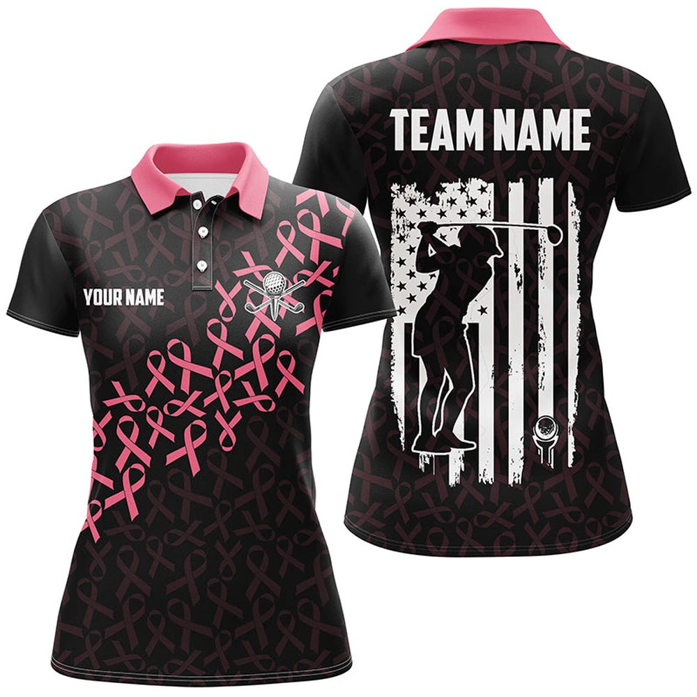 Pink Ribbons Breast Cancer Awareness Women Golf Polo Shirt Custom American Flag Golf Apparel For Women, Golf Polo Shirts