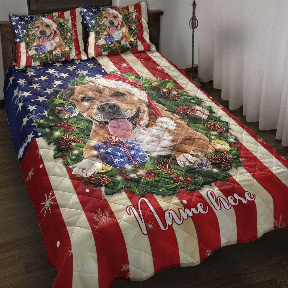 Pitbull Wearingmas Hat Wreath Bedding Set, Christmas Beddings, Xmas Bedding Sets