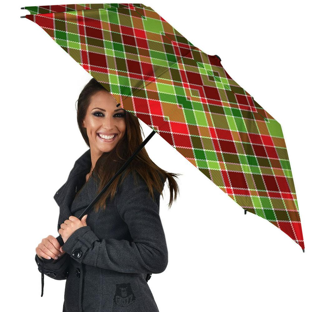 Plaid Merry Christmas Print Pattern Umbrella, Christmas Umbrella, Xmas Umbrella