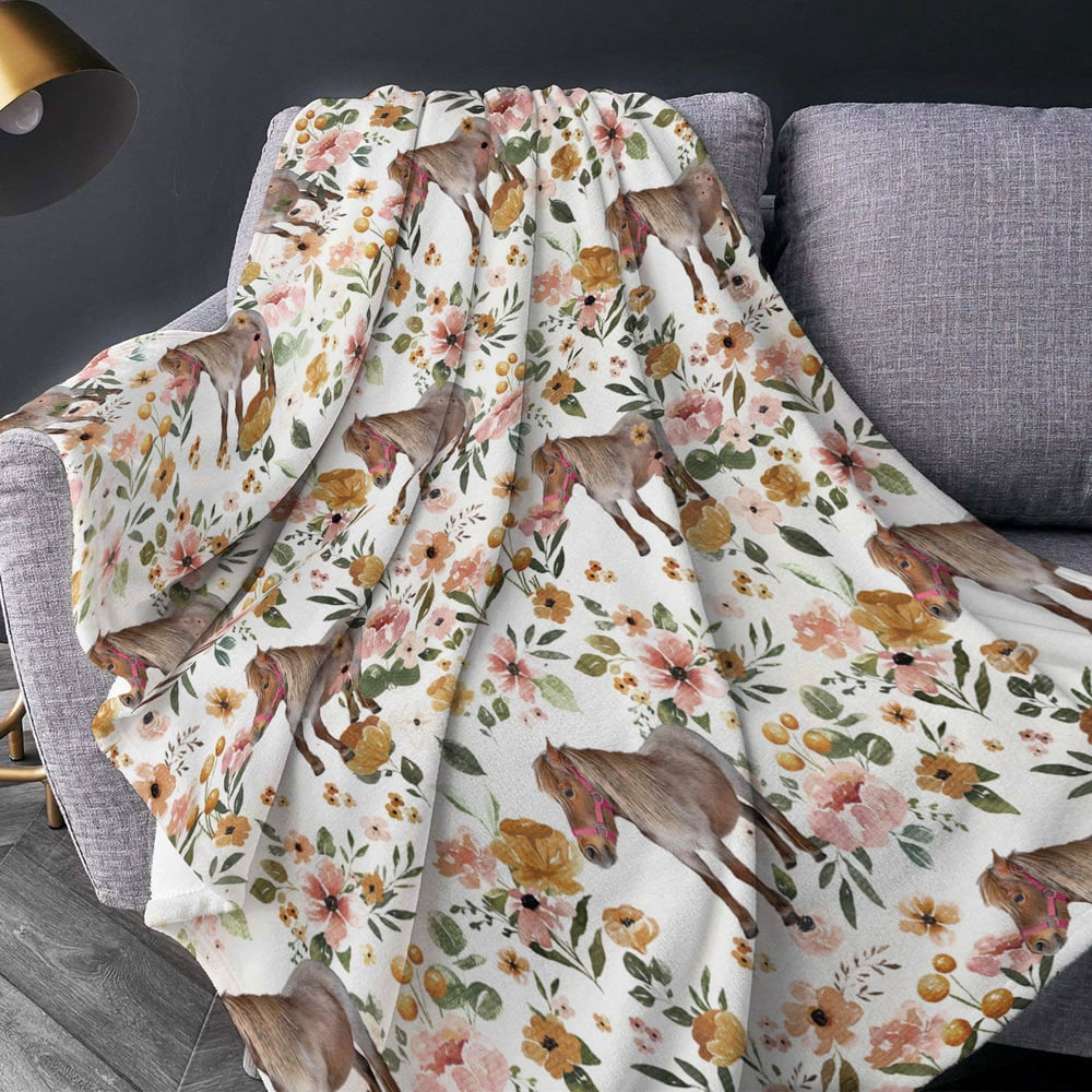 Ponies Horse Floral Pattern Blanket, Farm Blanket, Farm Animal Blanket