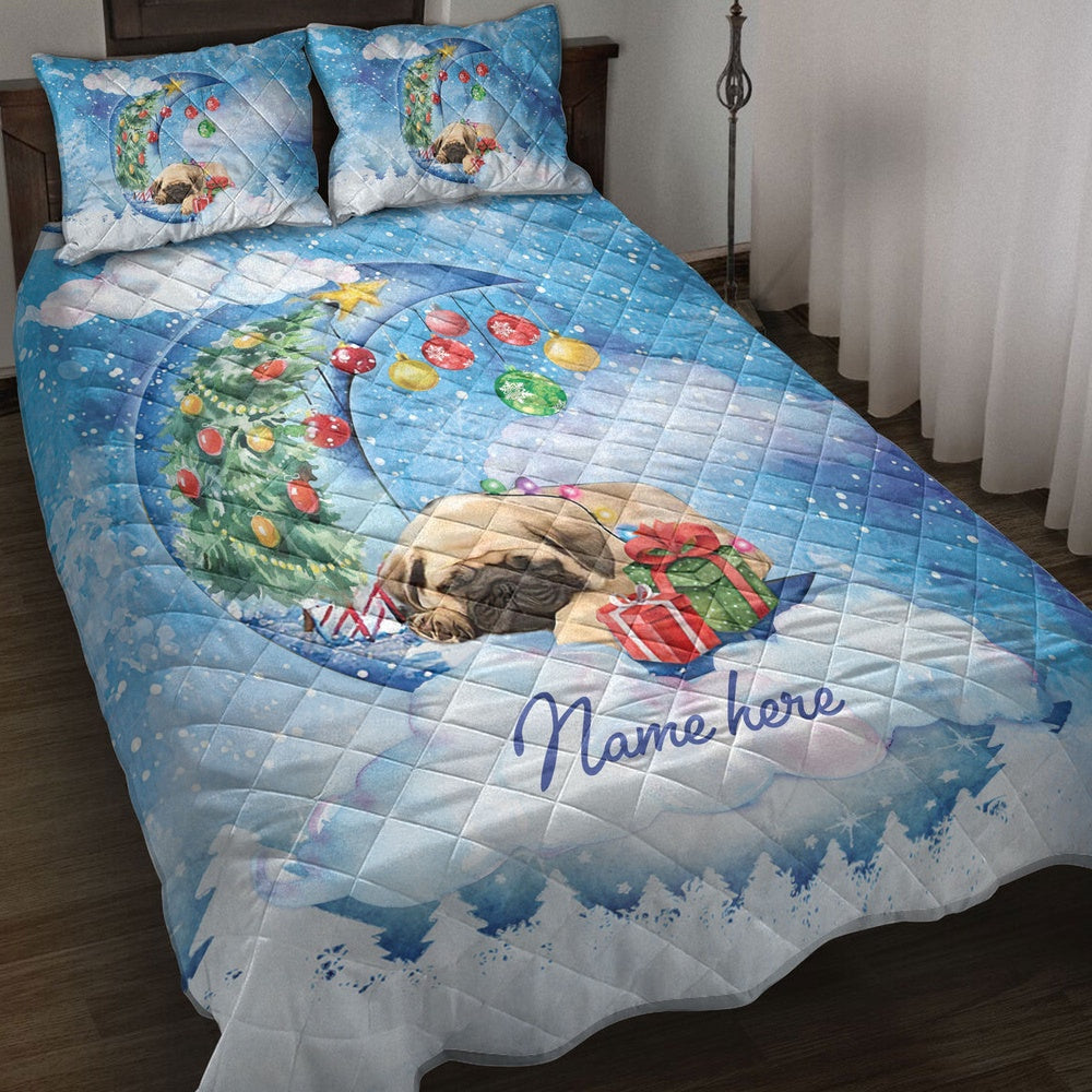 Pug Sleeping On The Moon Snowflakemas Tree Box Dog Bedding Set, Christmas Beddings, Xmas Bedding Sets