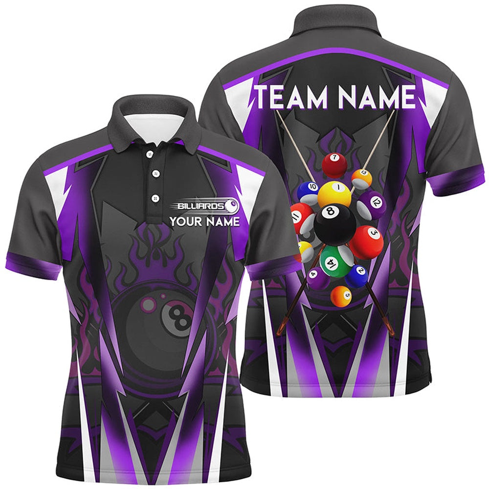 Purple 8 Ball Pool Fire Billiard Balls Polo Shirts Customized Team League Billiard Polo, Billiard Team Polo Shirts