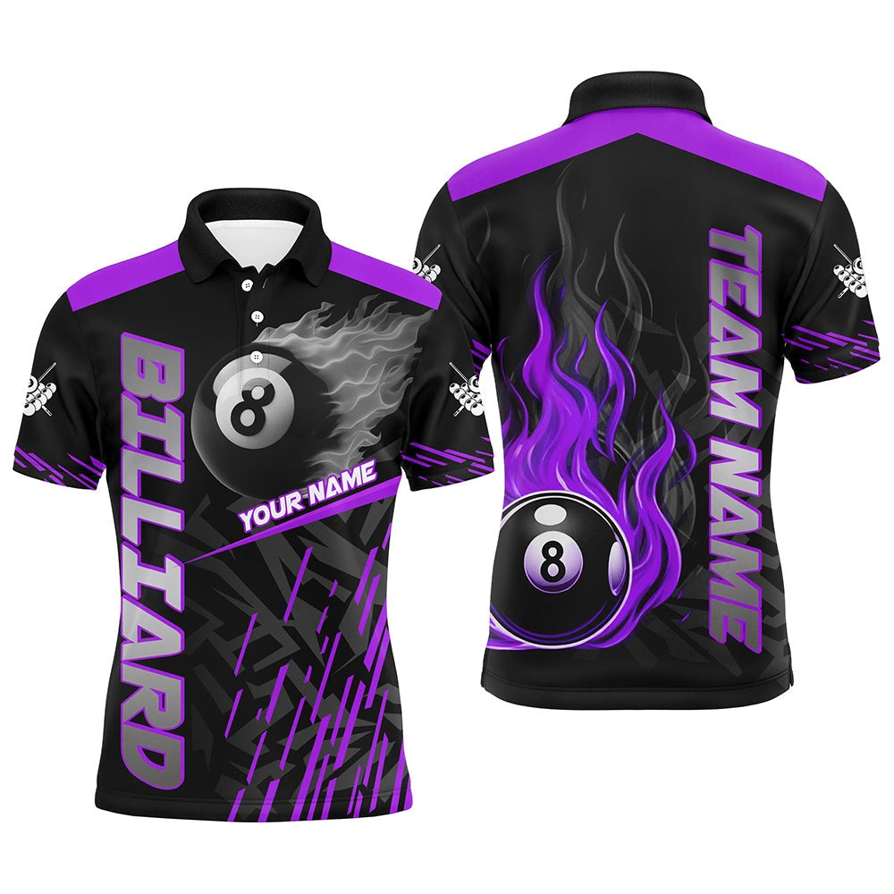 Purple 8 Ball Pool Flame 3D Billiard Shirts Billiard League Polo Custom Pool Team Shirts, Billiard Team Polo Shirts