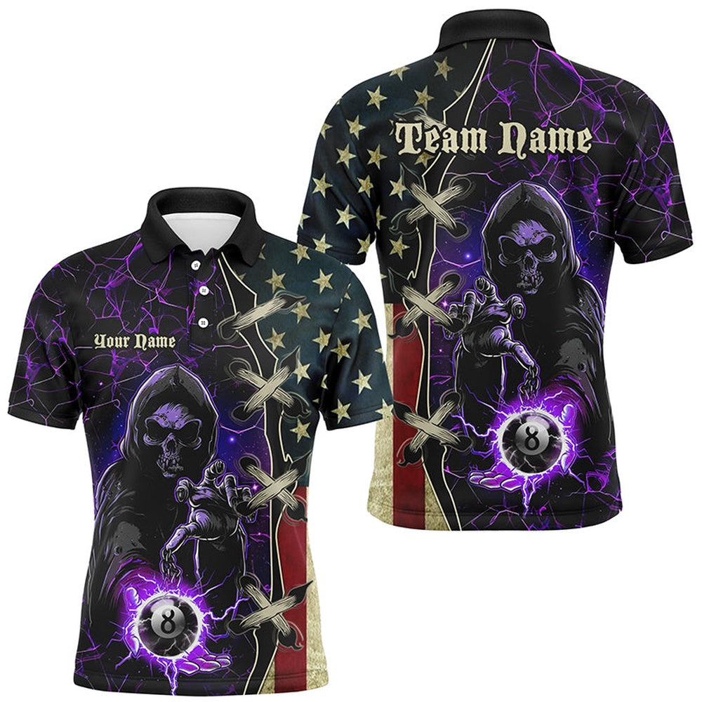 Purple Death Skeleton Lightning US Flag Billiard Shirts, Patriotic Team League Pool Polo, Billiard Team Polo Shirts