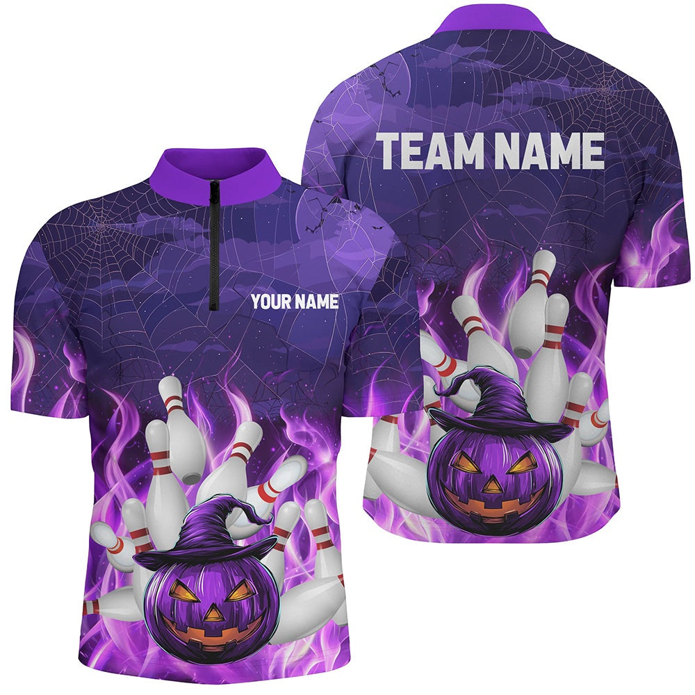 Purple Flame Halloween Pumpkin Bowling Polo, Jersey Shirt For Men Custom Team Bowling Jerseys, Bowling Jersey Shirt