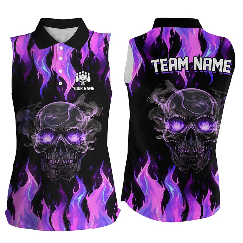Purple Flame Skull Bowling Sleeveless Polo Shirts Custom Team Bowling Polo Halloween Outfits, Women Bowling Shirts