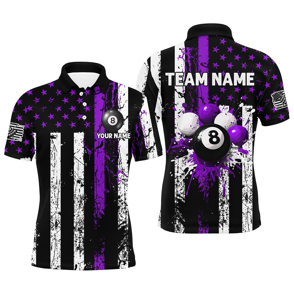 Purple Grunge US Flag Patriotic Billiard Shirts Custom Splash Paint 8 Ball Billiard Polo, Billiard Team Polo Shirts