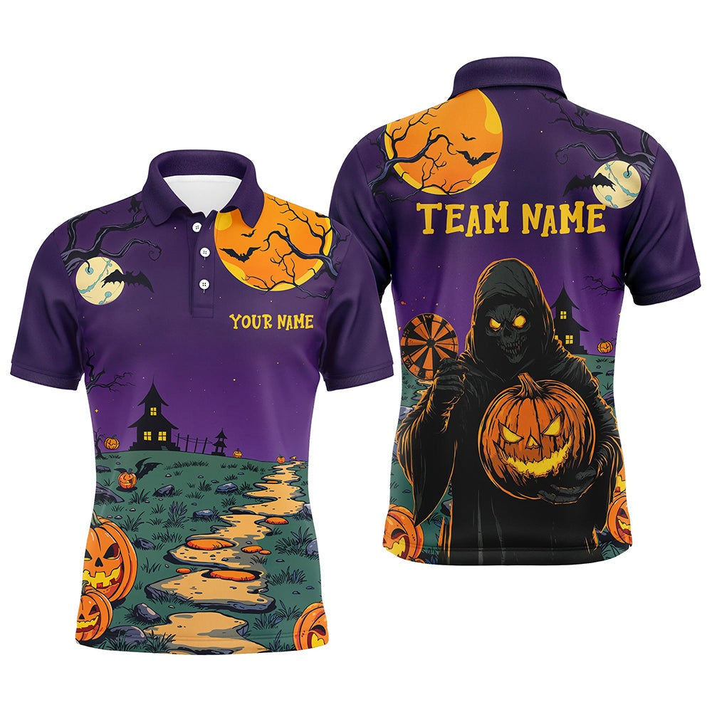 Purple Halloween Spook Night Custom Men Dart Shirts, Scary Death Skeleton Halloween Darts Gifts, Darts Team Polo Shirt