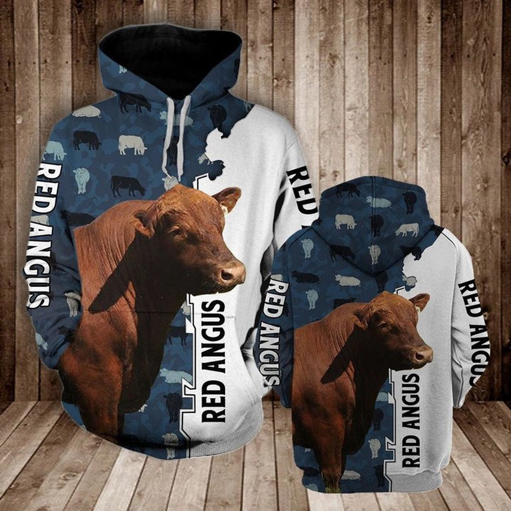 RED ANGUS HALF CAMO All Over Printed Hoodie, Farmer Hoodie, Farm Themed Shirts, Farm Tee Shirts