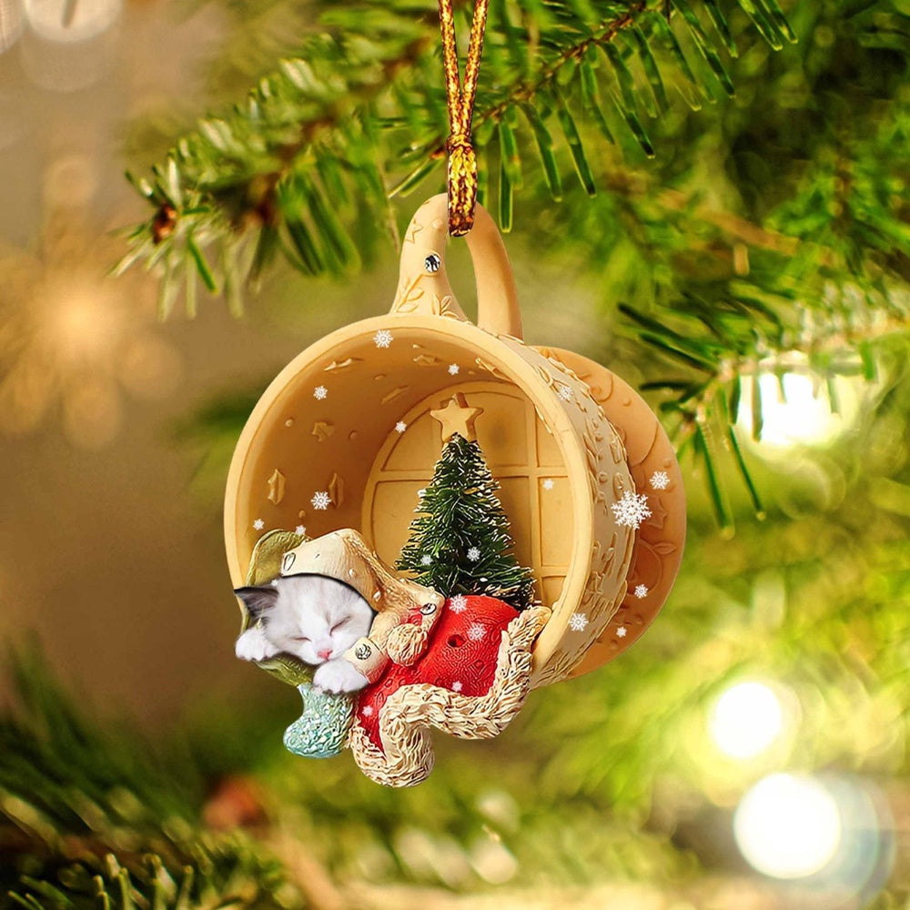 Ragdoll Sleeping In A Tiny Cup Christmas Holiday Two Sided Ornament, Best Gifts for Cat Lovers