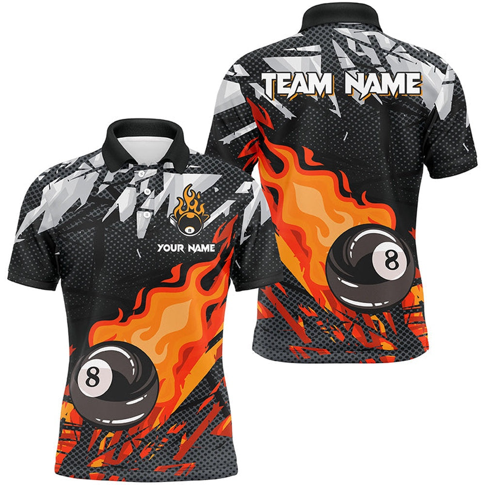 Red 8 Ball Fire Flame Grunge Pattern Custom Billiard Shirts, 8 Ball Pool Polo Team Outfit, Billiard Team Polo Shirts