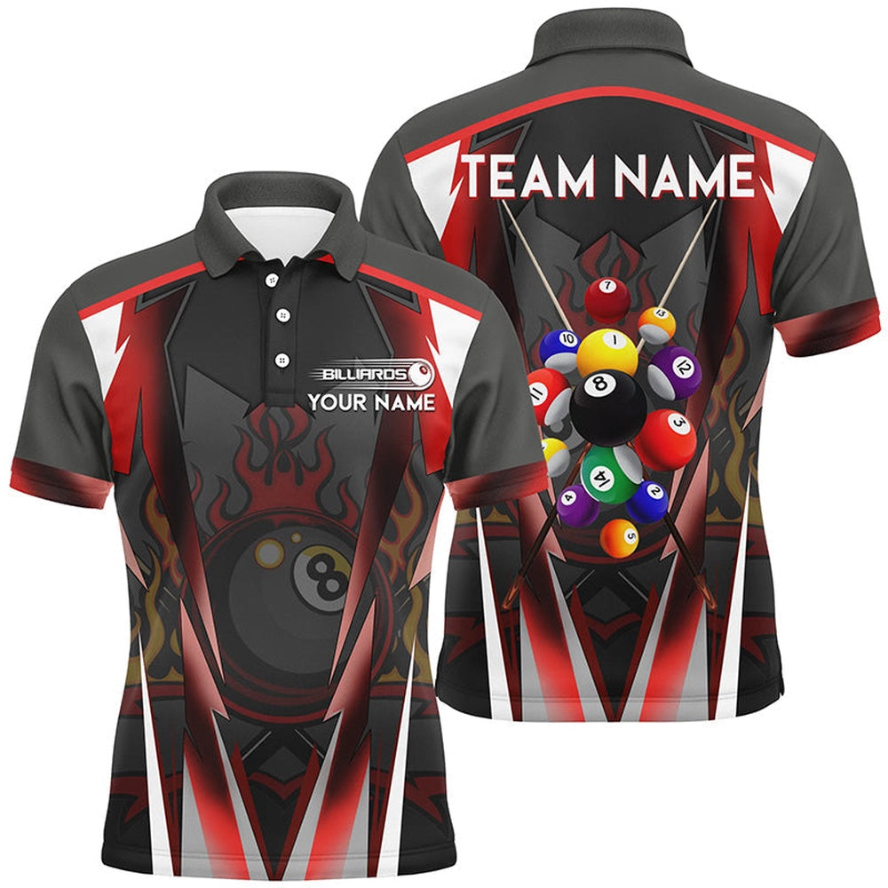 Red 8 Ball Pool Fire Billiard Balls Polo Shirts Customized Team League Billiard Polo, Billiard Team Polo Shirts