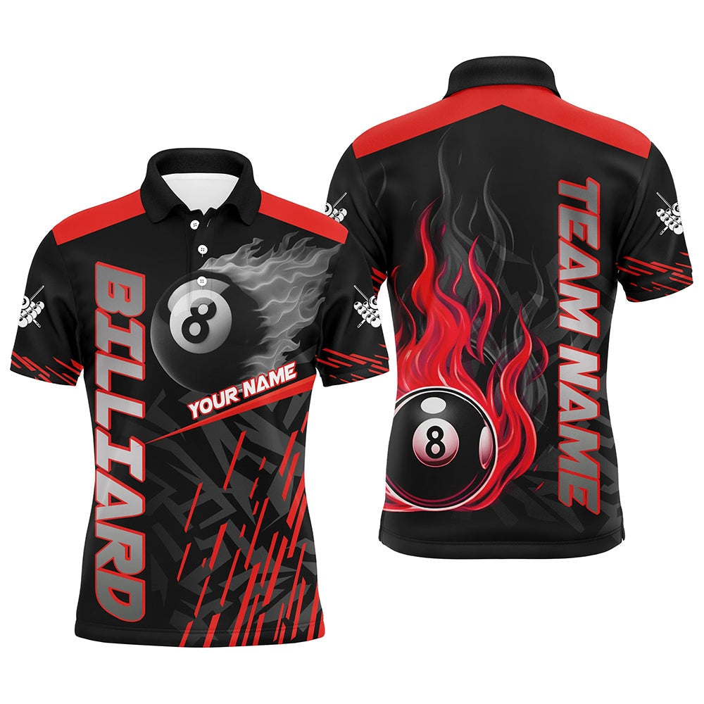 Red 8 Ball Pool Flame 3D Billiard Shirts, Billiard League Polo Custom Pool Team Shirts, Billiard Team Polo Shirts