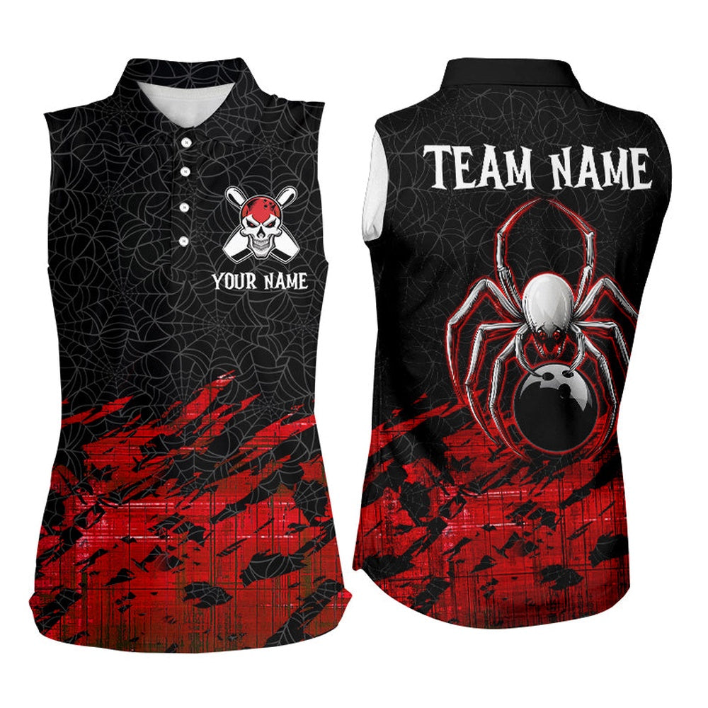 Red And Black Spider Custom Halloween Bowling Sleeveless Polo Shirts For Women, Bowling Gifts, Women Bowling Shirts