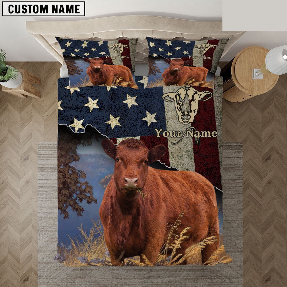 Red Angus America Customized Name Bedding Set, Farm Bedding Set, Farmhouse Bedding Set