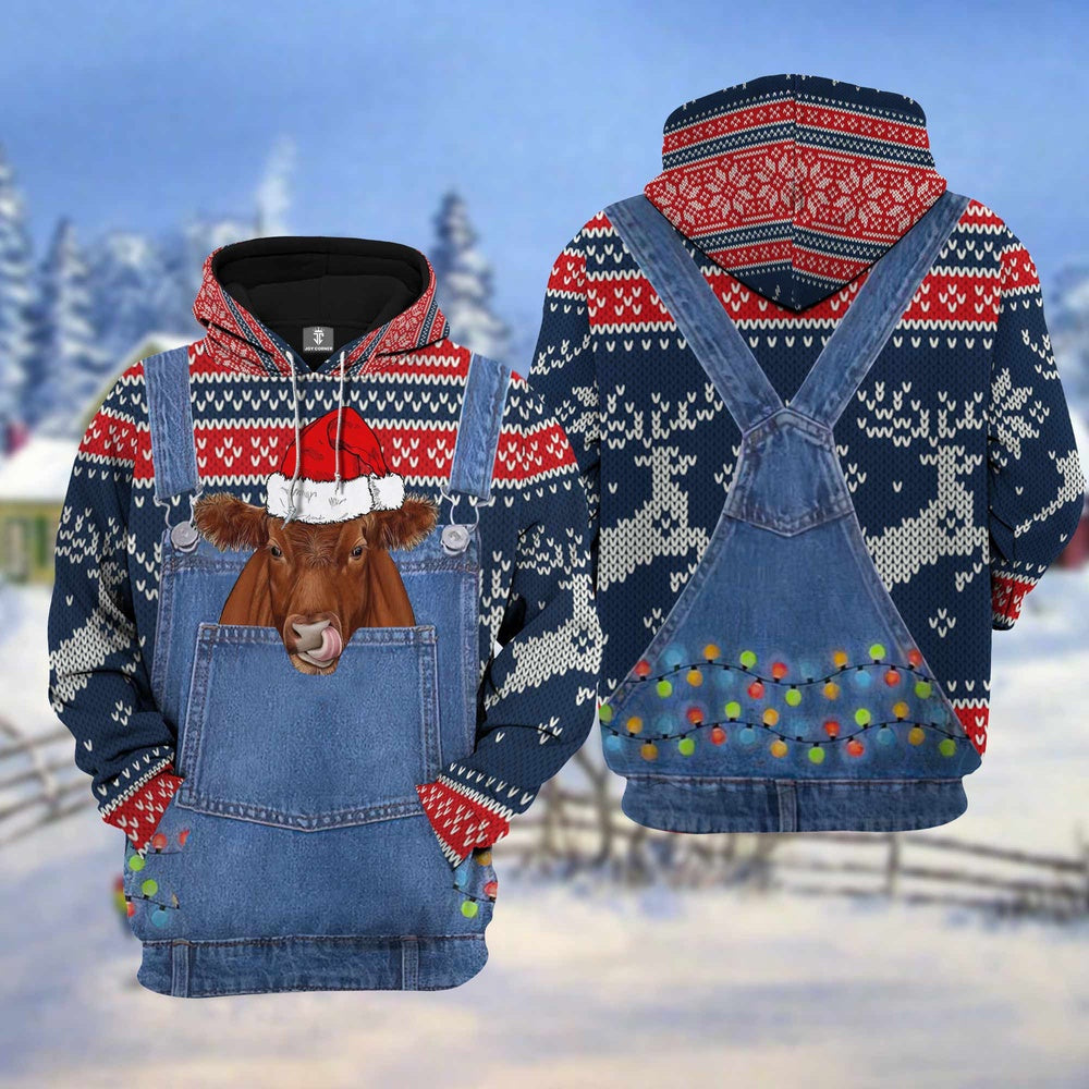 Red Angus Cattle Christmas Knitting Hoodie Pattern 3D, Farmer Hoodie, Farm Themed Shirts, Farm Tee Shirts