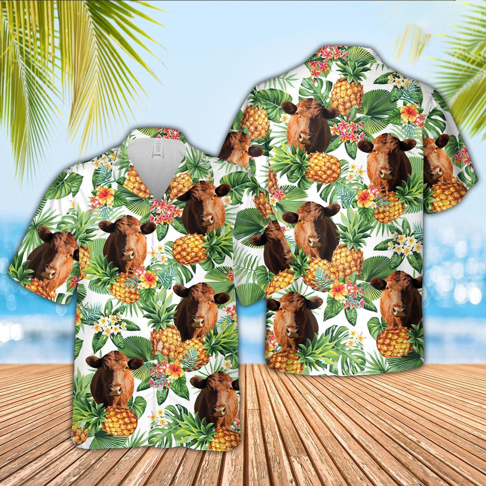 Red Angus Pineapple Pattern 3D Hawaiian Shirt, Farm Hawaiian Shirt, Farmer Hawaii