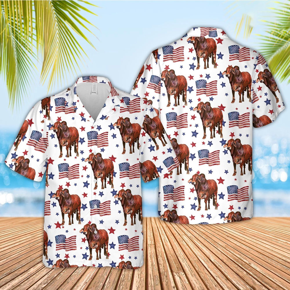 Red Brahman American Flag Pattern Hawaiian Shirt, Farm Hawaiian Shirt, Farmer Hawaii