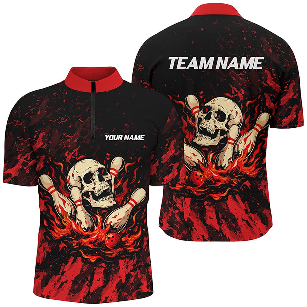 Red Camo Skull Flame Bowling Polo, 14 Jersey Shirt For Men, Custom Name Bowling Team Jerseys, Bowling Jersey Shirt