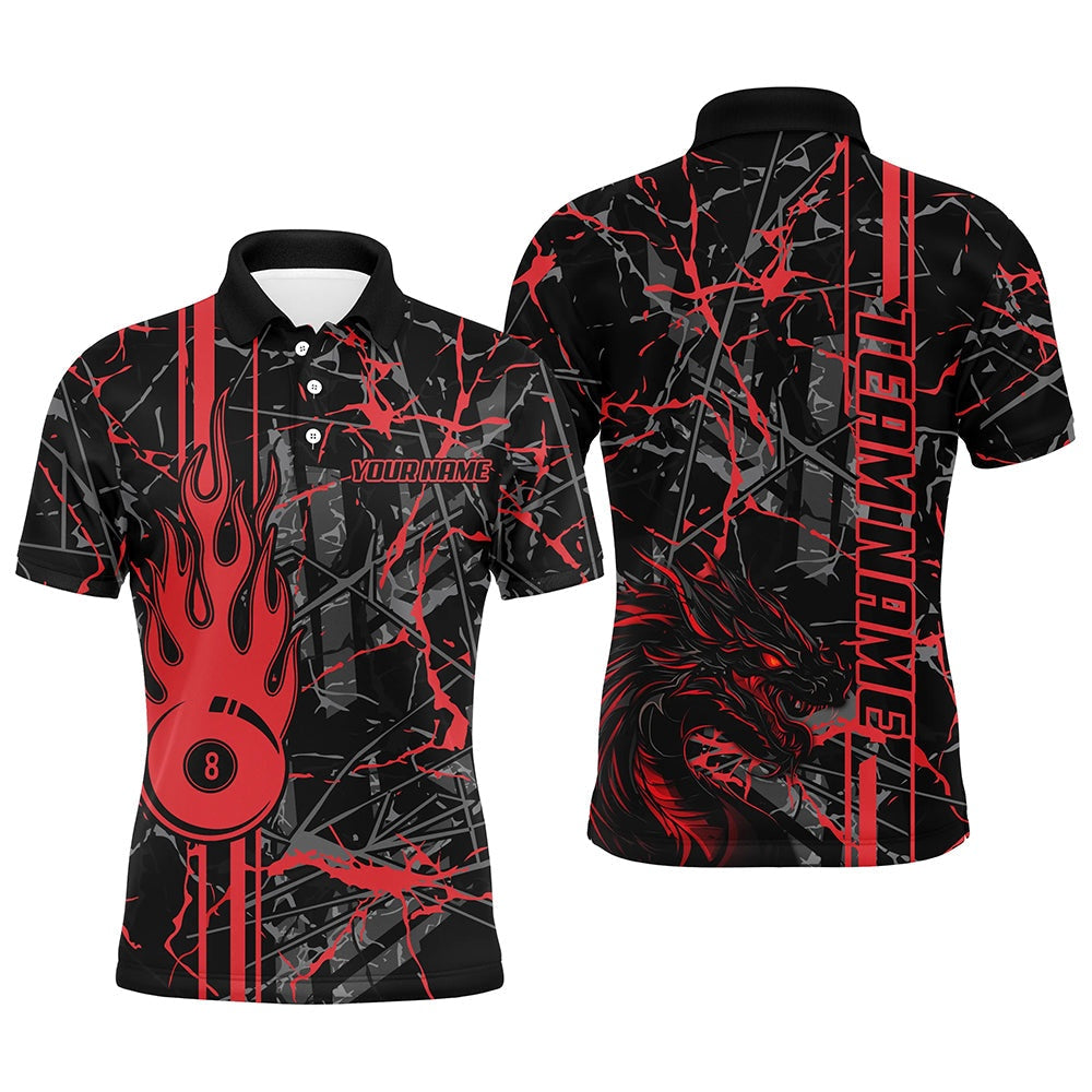 Red Grunge Billiard Custom Fire Flame 8 Ball Dragon Team League Billiard Shirts, Billiard Team Polo Shirts