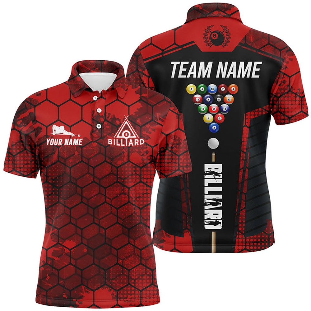 Red Grunge Hexagon Billiard Shirts Custom Pool Polo, Billiard Tournament Team Shirts, Billiard Team Polo Shirts