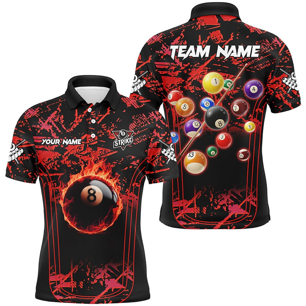 Red Grunge Strike 8 Ball Pool Fire Custom Polo Shirt, Billiard Balls Team Polo, Billiard Team Polo Shirts