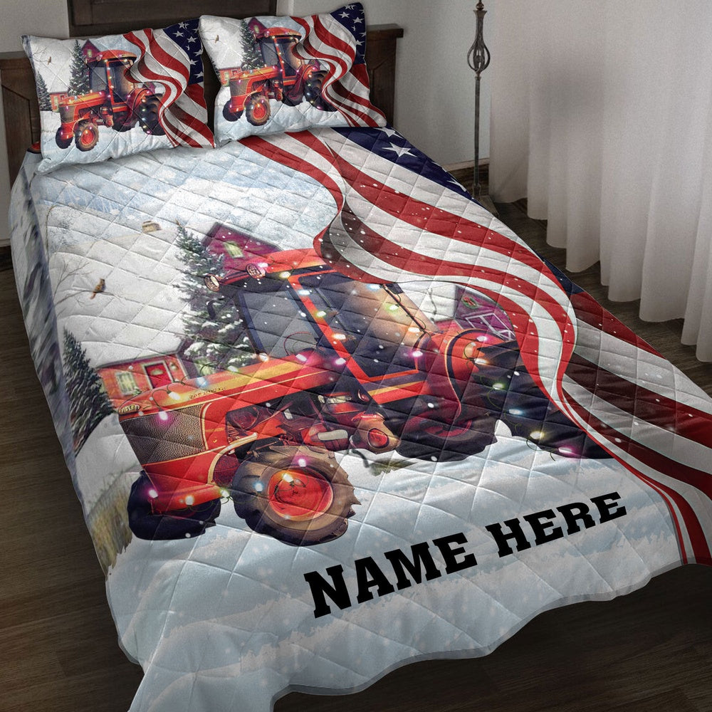 Red Tractormas String Light Us Flag Bedding Set, Christmas Beddings, Xmas Bedding Sets
