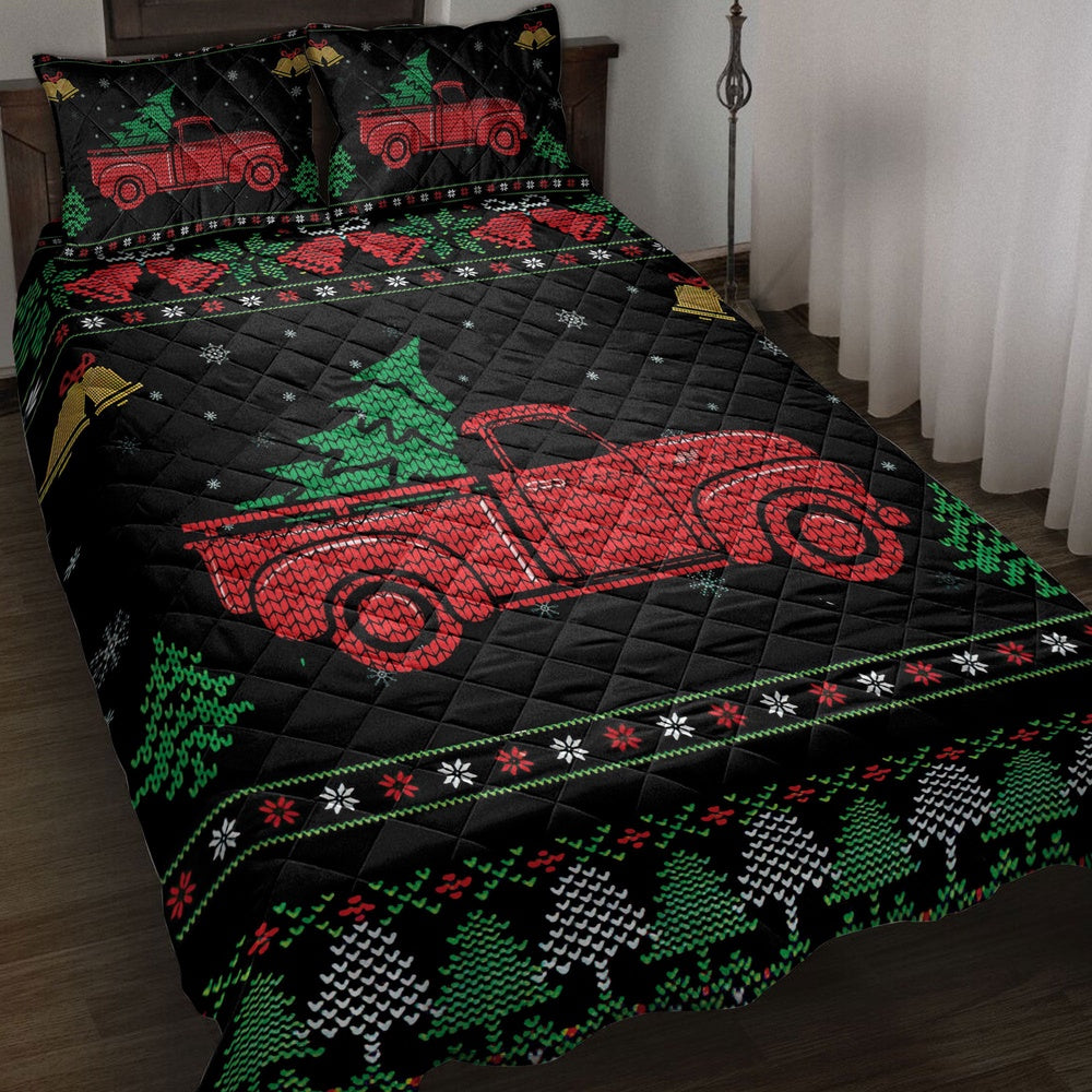 Red Truck Withmas Tree Snowflake Bell Ugly Chrismas Bedding Set, Christmas Beddings, Xmas Bedding Sets